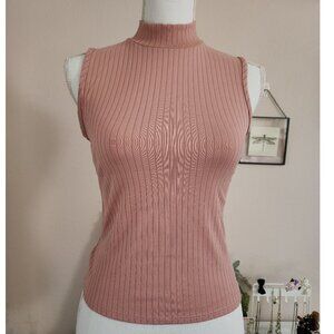 Pink Ribbed Mock Neck Sleeveless Top